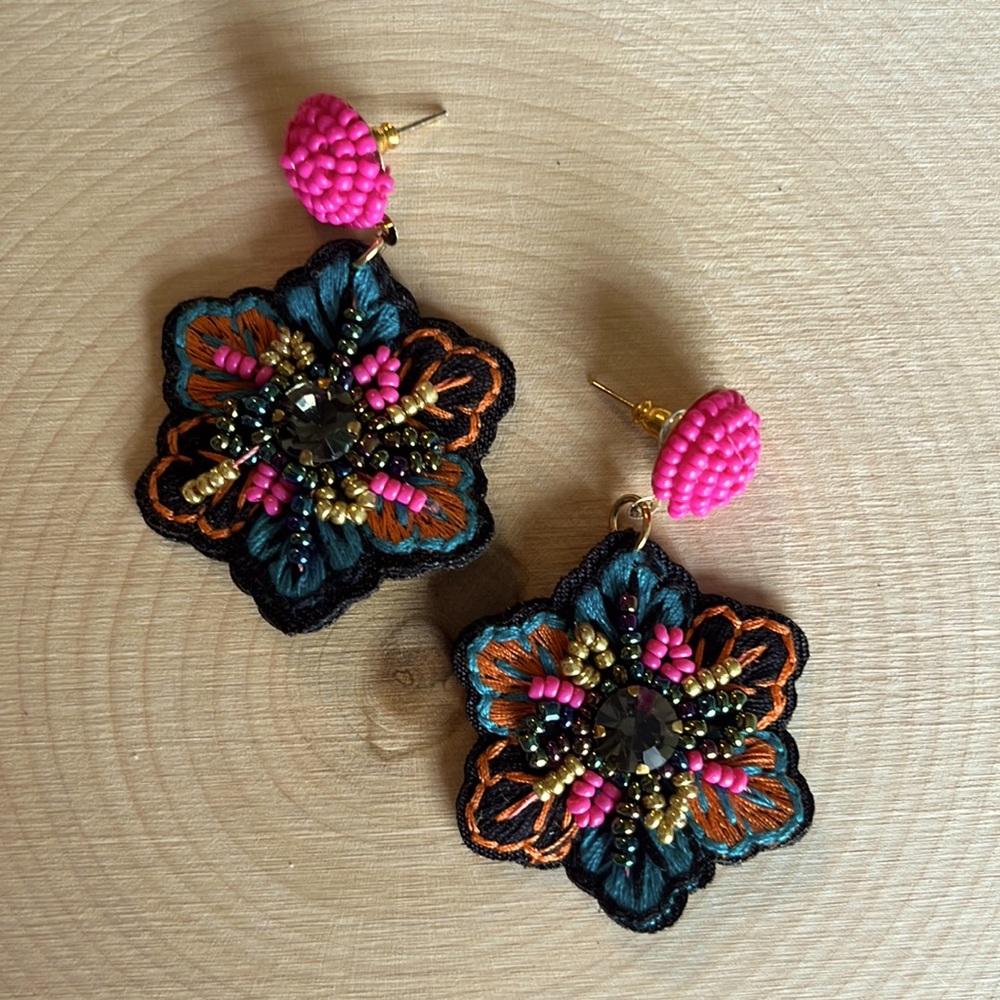 Premium hand sewn embroidered flower drop earrings